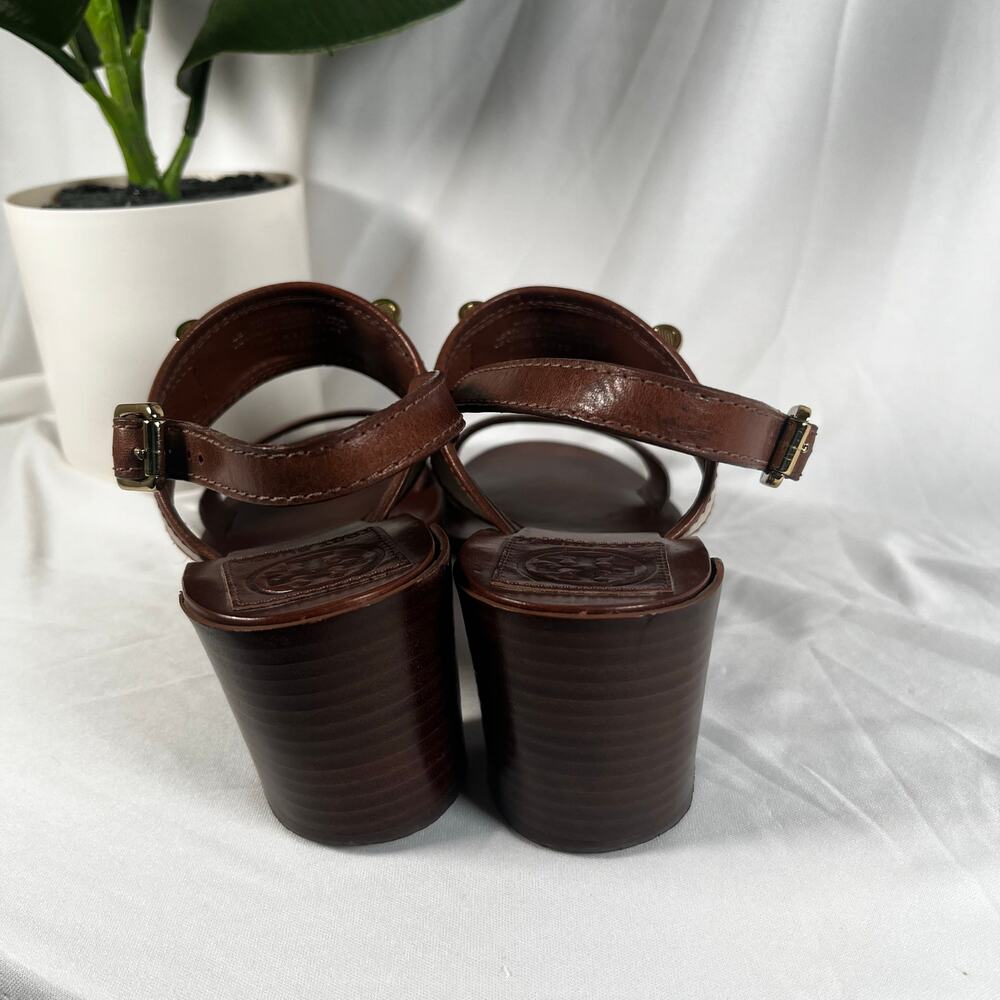 TORY BURCH Lowell Linen and Leather Block Heel Slingback Gold Hardware Sandals - Picture 9 of 10